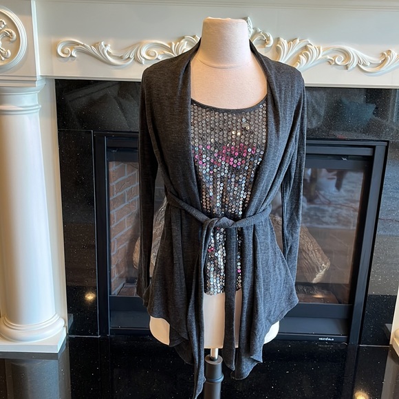 Sequin Top Tank Knit Long Sleeve Belted Charcoal Gray Womens Medium Tie Belt - Picture 8 of 16